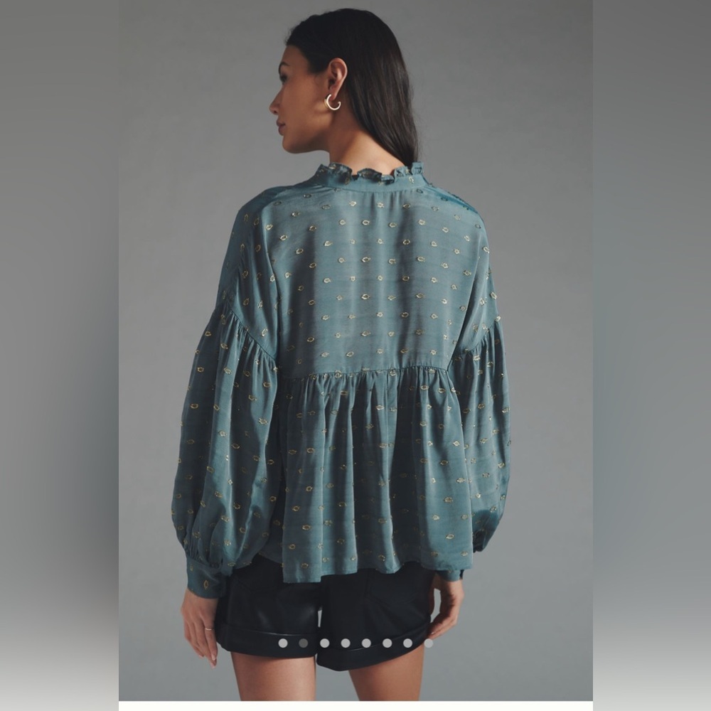 Anthropologie Ruffled Peasant Blouse Gold and Slate Blue Blouse Size XXS - Picture 2 of 11